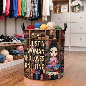 Personalized Cartoon Knitting Character Waterproof Laundry Storage Basket with Handle and Name Housewarming Birthday Gift for Knitting Sewing Lovers