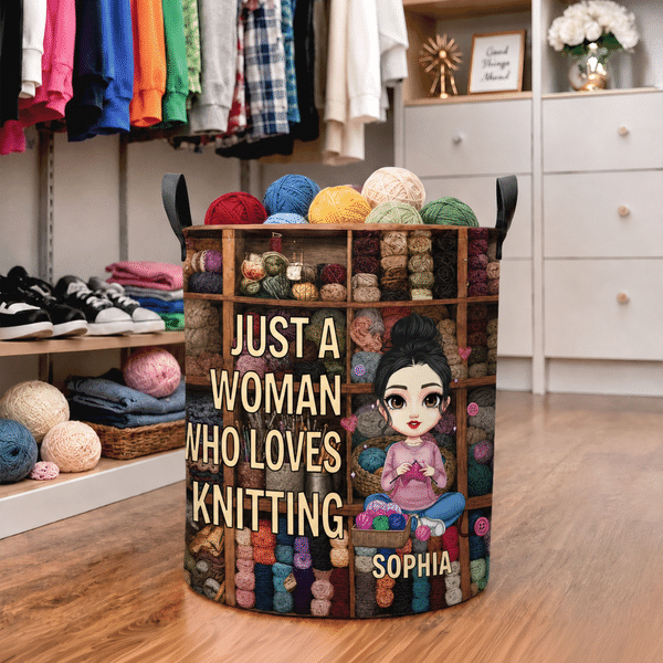 Personalised Cartoon Knitting Character Waterproof Laundry Storage Basket with Handle and Name Housewarming Birthday Gift for Knitting Sewing Lovers