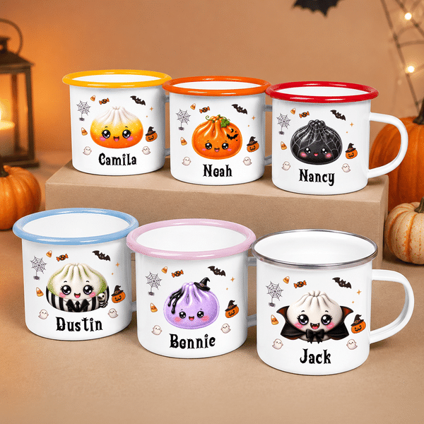 Tasse émaillée personnalisée « Dumpling Pumpkin » sur le thème d'Halloween, multicolore, 12 oz, avec prénom – Cadeau pour une fête d'Halloween destiné aux enfants