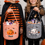 Spersonalizowany koszyk na słodycze w kratkę z motywem halloweenowym z imieniem – prezent na imprezę „Cukierek albo psikus” dla dzieci