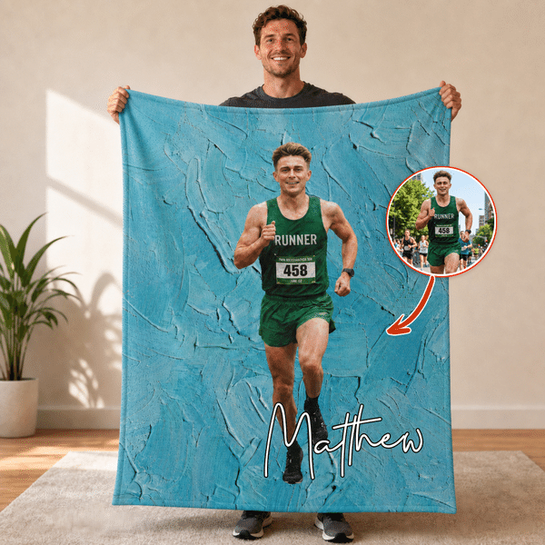 Spersonalizowany, miękki koc z nadrukiem biegacza w stylu obrazu olejnego ze imieniem – element wystroju wnętrz i prezent urodzinowy dla miłośników maratonów i sportowców