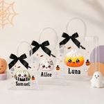 Spersonalizowana, przezroczysta torebka na pierogi z motywem halloweenowym, z wstążką i imieniem – halloweenowy prezent dla dzieci