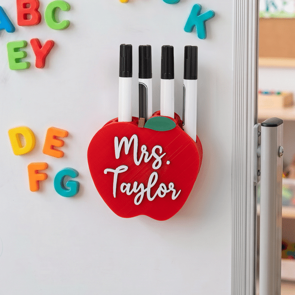 Personalized 3D-Printed Apple Pencil Shape Magnetic Dry Erase Marker Pen Holder with Name Classroom Decor Back to School Gift for Teachers