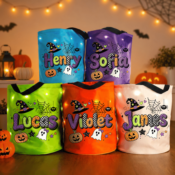 Personalized Cute Spooky Design LED Light Bucket Bag with Name Trick or Treat Halloween Party Gift for Kids