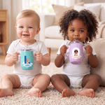 Vaso con boquilla y aislamiento térmico de 10 oz, personalizado con un diseño artístico infantil en 3D con efecto nube, con iniciales y nombre; regalo de cumpleaños o para baby shower para niños
