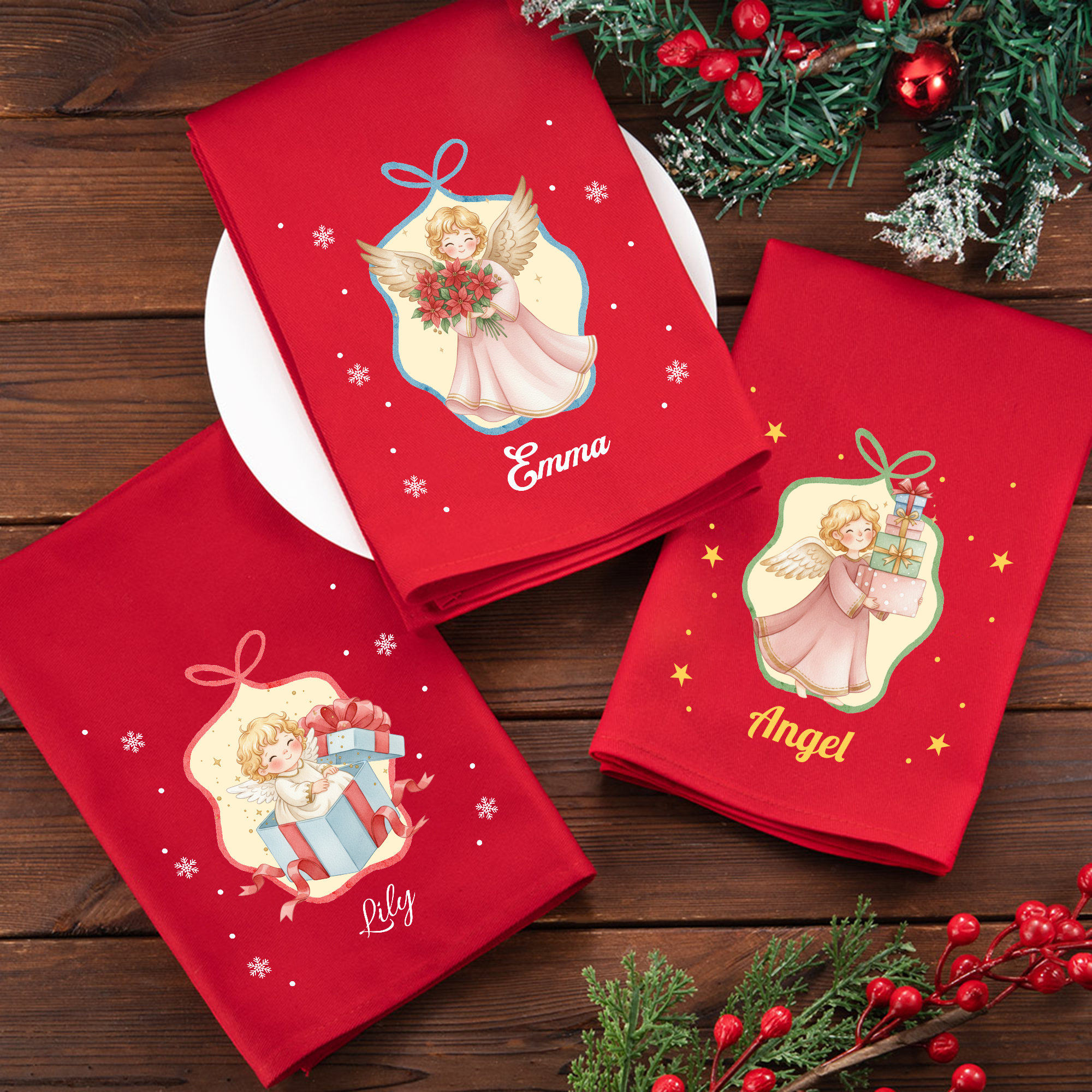 Personalisierte wiederverwendbare Serviette aus 100% Baumwolle mit Weihnachtsengel- oder Christkind-Motiv Weihnachtsgeschenk für Familie Freunde