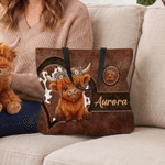 Personalized Cute Cartoon Highland Cow Large Capacity Tote Bag with Name Birthday Gift for Highland Cow Lovers Friends