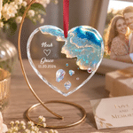 Personalised Sandbeach Wave Seashell Design Heart Round Glass Ornament with Name and Date Home Decor Anniversary Birthday Gift for Couples