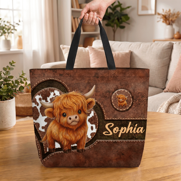 Personalized Cute Cartoon Highland Cow Large Capacity Tote Bag with Name Birthday Gift for Highland Cow Lovers Friends