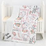 Personalised Cute Floral Elephant Initial Name Baby Security Blanket with Dotted Backing and Embroidery Text Birthday Baby Shower Gift for Boys Girls