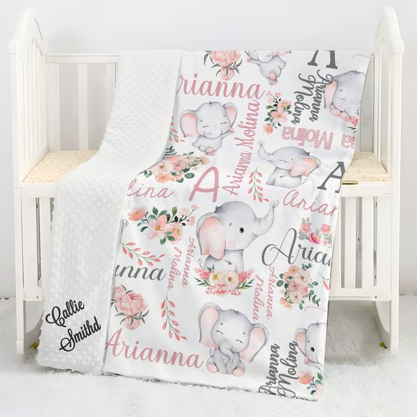 Personalizado lindo elefante floral nombre inicial del bebé manta de seguridad con respaldo de puntos y el texto bordado cumpleaños Baby Shower regalo para niños niñas