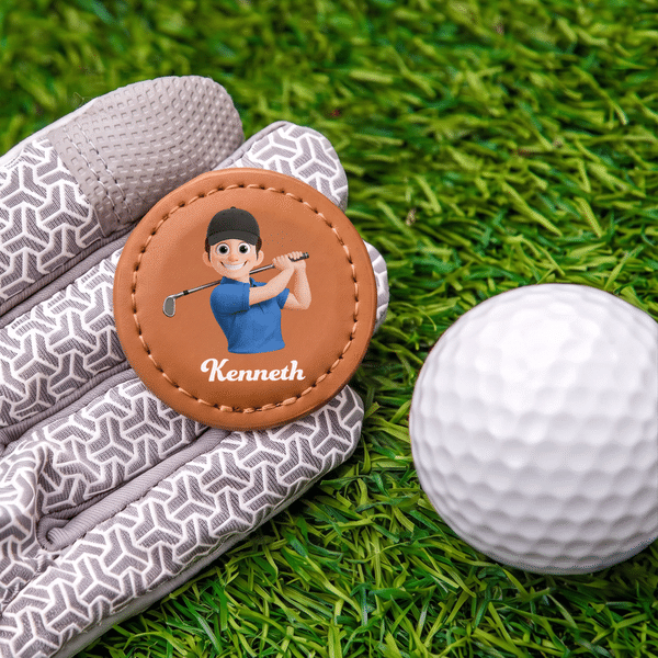 Personalised 3D-Effect Artwork Cartoon Character PU Leather Magnetic Golf Ball Marker with Name Birthday Game Day Gift for Golf Lovers Players
