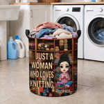 Personalized Cartoon Knitting Character Waterproof Laundry Storage Basket with Handle and Name Housewarming Birthday Gift for Knitting Sewing Lovers