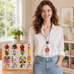 Personalized Apple Crayon Bookworm Charm Teacher Lanyard with Name and ID Badge Holder Back to School Appreciation Gift for Teachers