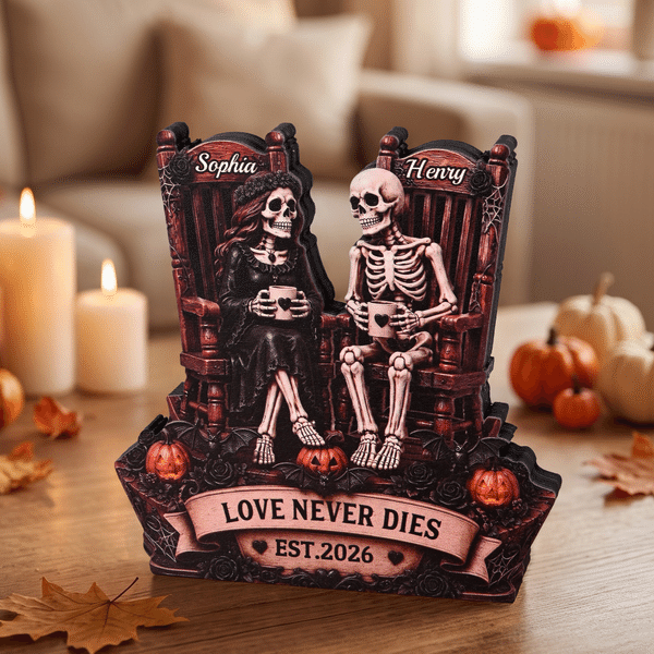 Personalized Rocking Chair Skeleton Couple Love Never Dies Wooden Figurine with Name and Text Halloween Wedding Anniversary Gift for Couple
