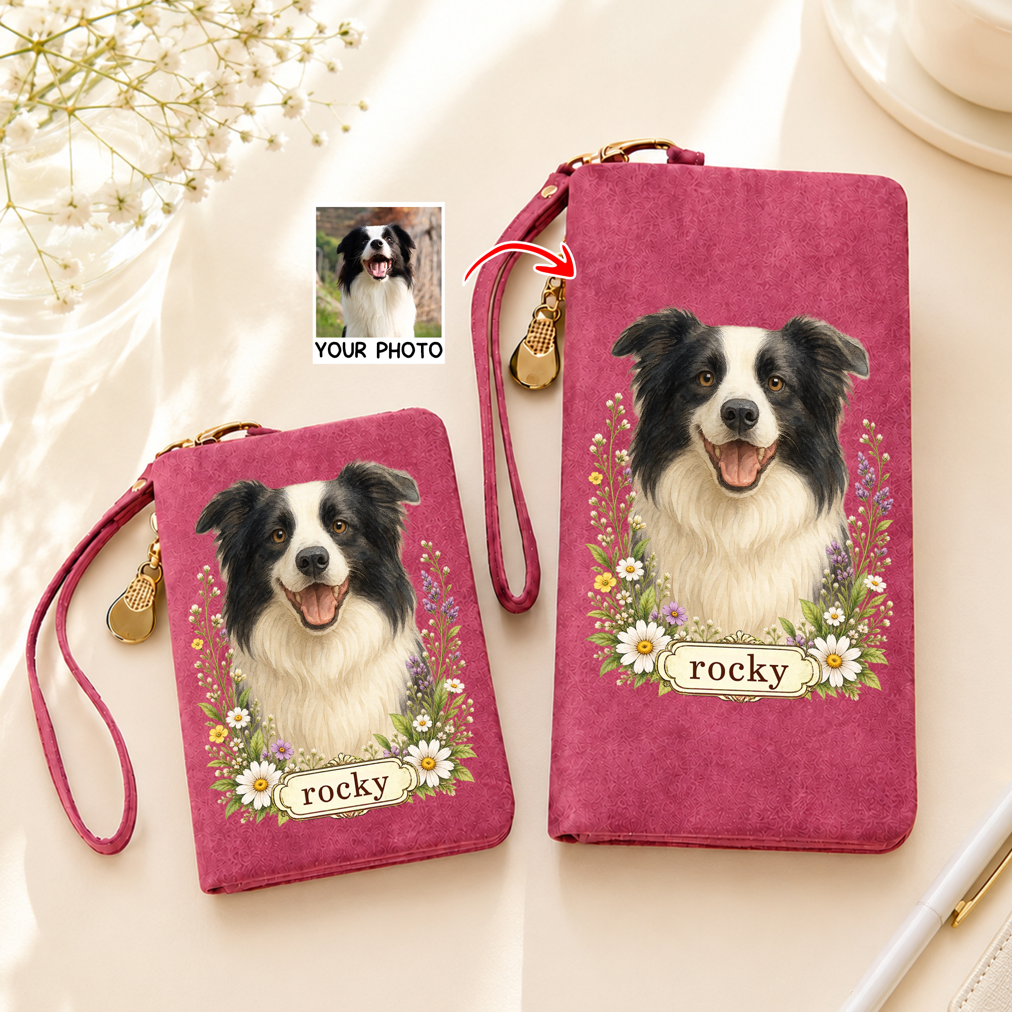 Personalisierte Armband-Geldbörse aus PU-Leder mit Aquarellbild Ihres Haustiers, Blumenmotiv, Namenszug und Kartenfächern – für den täglichen Gebrauch, als Geschenk zum Geburtstag oder zum Jahrestag f