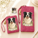 Personalised Watercolor Pet Photo Floral PU Leather Wristlet Purse with Name and Card Holder Daily Use Birthday Anniversary Gift for Women Pet Lovers