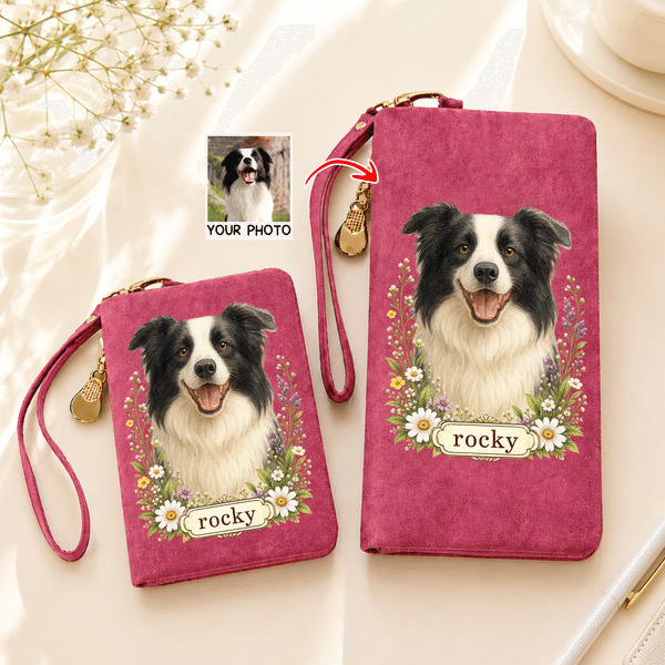 Personalised Watercolor Pet Photo Floral PU Leather Wristlet Purse with Name and Card Holder Daily Use Birthday Anniversary Gift for Women Pet Lovers