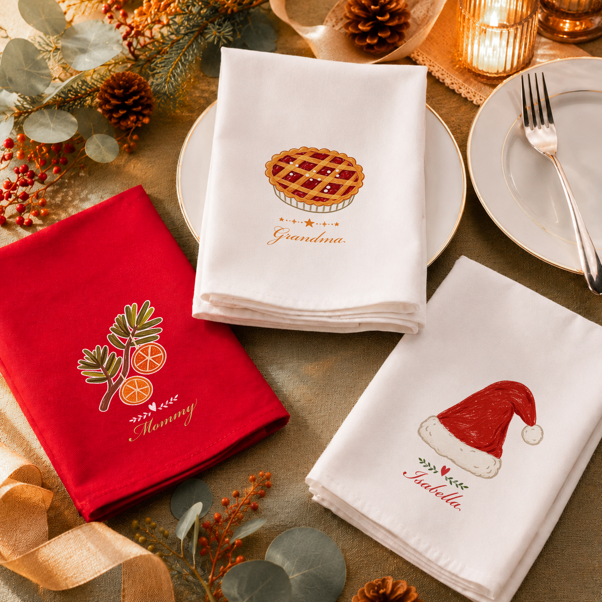 Personalisierte 100 % Baumwoll-Tischserviette mit Weihnachtsmuster | mit Namen | Tischdeko | Weihnachts- und Geburtstagsgeschenk für Familie