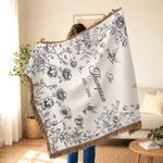 Personalised Flower Butterfly Bird Soft Tassel Throw Blanket with Name and Year Bridal Shower Wedding Anniversary Gift for Couple