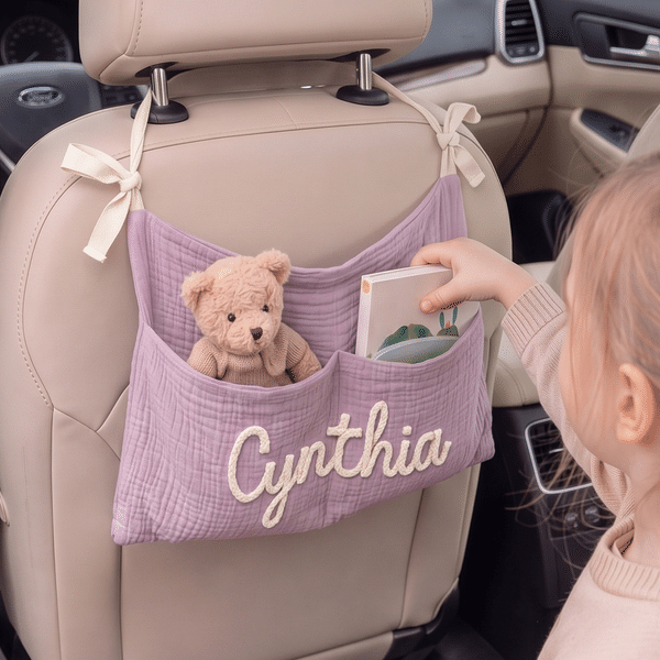 Personalised Soft Cotton Linen Hanging Storage Bag with Knit Name Car Seat Organiser & Cot Nursery Storage Decor Baby Shower Gift for Kids