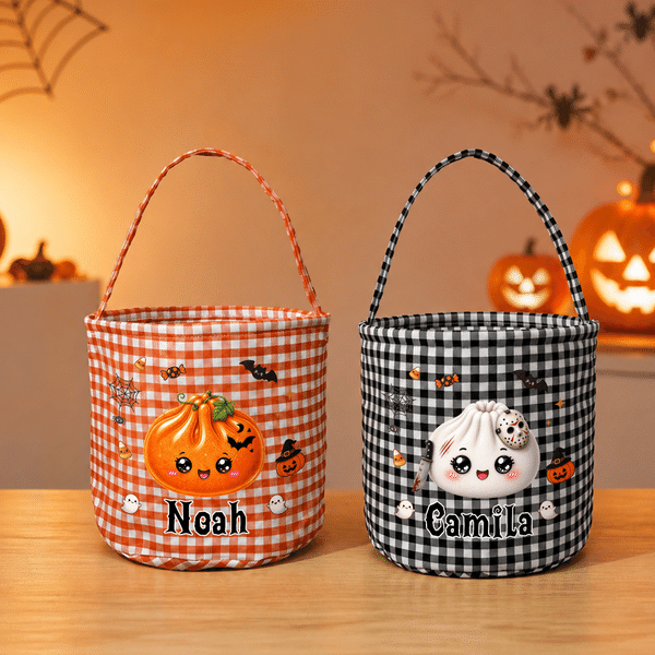 Spersonalizowany koszyk na słodycze w kratkę z motywem halloweenowym z imieniem – prezent na imprezę „Cukierek albo psikus” dla dzieci