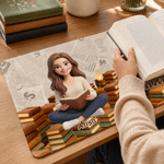 Personalized 3D-Effect Artwork Cartoon Book-Reading Character Non-Slip Mouse Pad Desk Mat with Photo Text and Name Office Gift for Book Lovers