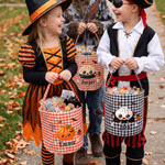 Spersonalizowany koszyk na słodycze w kratkę z motywem halloweenowym z imieniem – prezent na imprezę „Cukierek albo psikus” dla dzieci