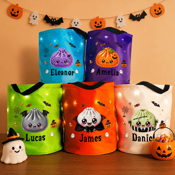 Spersonalizowana torba z motywem halloweenowym w kształcie pierożka, z lampką LED – prezent dla dzieci na Halloween z okazji zabawy „Cukierek albo psikus”