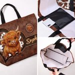 Personalized Cute Cartoon Highland Cow Large Capacity Tote Bag with Name Birthday Gift for Highland Cow Lovers Friends