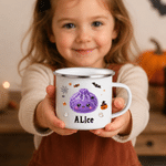 Spersonalizowany, wielokolorowy, emaliowany kubek o pojemności 12 oz z motywem halloweenowym przedstawiającym dynię w kształcie pierogów, z imieniem – prezent na imprezę halloweenową dla dzieci