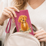 Personalised Watercolor Pet Photo Floral PU Leather Wristlet Purse with Name and Card Holder Daily Use Birthday Anniversary Gift for Women Pet Lovers