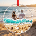 Personalised Sandbeach Wave Seashell Design Heart Round Glass Ornament with Name and Date Home Decor Anniversary Birthday Gift for Couples