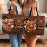 Personalized Cute Cartoon Highland Cow Large Capacity Tote Bag with Name Birthday Gift for Highland Cow Lovers Friends