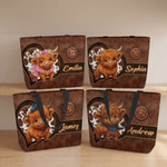 Personalized Cute Cartoon Highland Cow Large Capacity Tote Bag with Name Birthday Gift for Highland Cow Lovers Friends