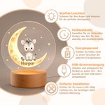 Personalisiertes Tiermotiv LED-Nachtlicht | mit Namen und Mondsichel | USB-betrieben | Kinderzimmer Deko | Geburtstagsgeschenk für Kinder