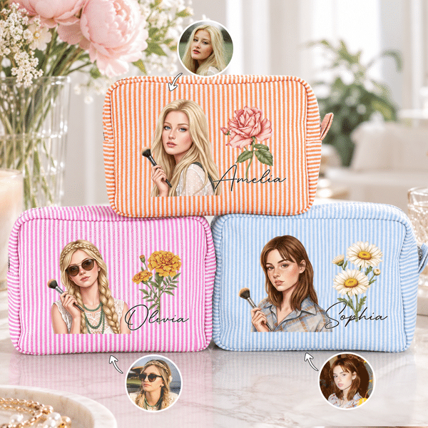 Personalised Semi-Realistic Cartoon Photo & Birth Flower Multicolour Striped Makeup Bag with Name Daily Travel Essential Birthday Gift for Women