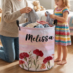 Personalized Watercolor 3D-Effect Artwork Birth Flower Storage Laundry Basket with Name and Handles Birthday Anniversary Christmas Gift for Woman