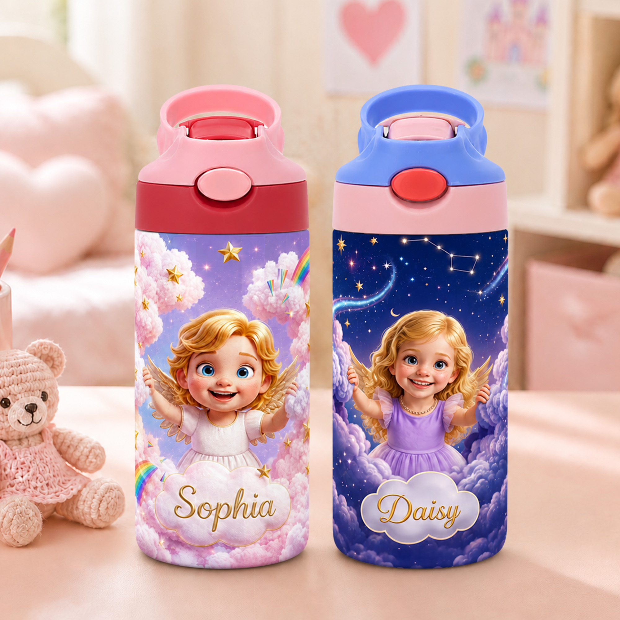 Personalisierte 3D-Charakter-Fotodruck-Isolierflasche (12 oz) mit Namen und Trinkhalm – für den täglichen Gebrauch, zum Schulanfang oder als Geburtstagsgeschenk für Jungen und Mädchen