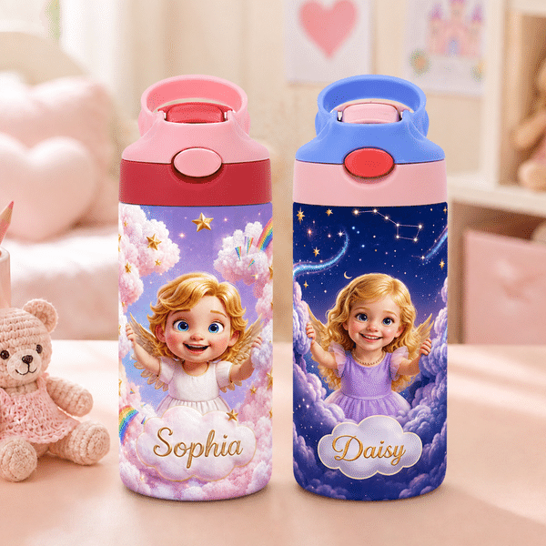 Personalized 3D-Style Character Artwork Photo 12 oz Insulated Water Bottle with Name and Straw Daily Use Back to School Birthday Gift for Kid Boy Girl