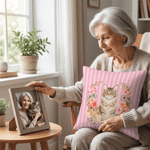 Funda de cojín mullida personalizada con diseño de acuarela, con la flor del mes de nacimiento y la foto de tu mascota, con su nombre; decoración para el hogar; regalo de cumpleaños o aniversario para
