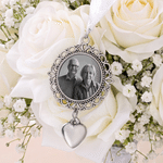 Personalised Retro Round Photo Wedding Bouquet Charm with Text and Heart Pendant Wedding Party Anniversary Memorial Gift for Brides