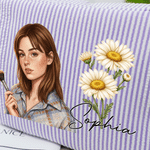Personalized Semi-Realistic Cartoon Photo & Birth Flower Multicolour Striped Makeup Bag with Name Daily Travel Essential Birthday Gift for Women