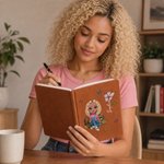 Personalised Cartoon Reading Character Birth Flower Faux Leather Journal Notebook with Name Birthday Gift for Bookworms Book Lovers