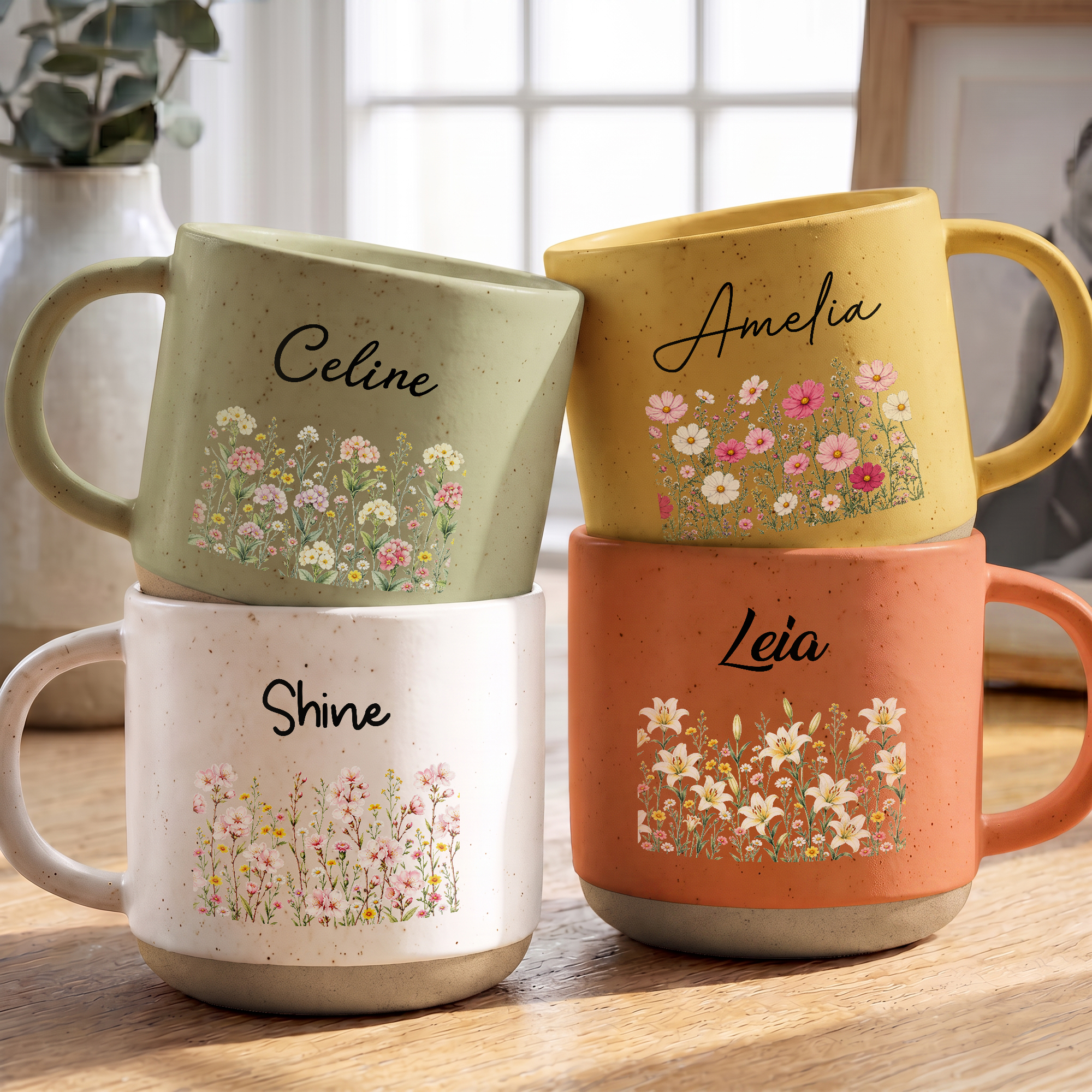 Personalisierte, mehrfarbige Keramiktasse (12 oz) mit Geburtsblume und Namen – Geschenk für den täglichen Gebrauch, zum Jahrestag oder Geburtstag für Frauen, Kolleginnen, Freundinnen oder Töchter