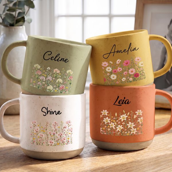 Personalized Multicolour Birth Flower 12 oz Ceramic Mug with Name Daily Use Anniversary Birthday Gift for Woman Coworker Friend Daughter