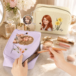 Personalized Semi-Realistic Cartoon Photo & Birth Flower Multicolour Striped Makeup Bag with Name Daily Travel Essential Birthday Gift for Women