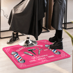 Paillasson multicolore personnalisé sur le thème de la coiffure, avec le nom du salon, un slogan et l'année – Accessoire de salon de coiffure – Cadeau d'ouverture pour coiffeur ou barbier