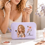 Personalized Semi-Realistic Cartoon Photo & Birth Flower Multicolour Striped Makeup Bag with Name Daily Travel Essential Birthday Gift for Women