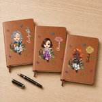Personalised Cartoon Reading Character Birth Flower Faux Leather Journal Notebook with Name Birthday Gift for Bookworms Book Lovers